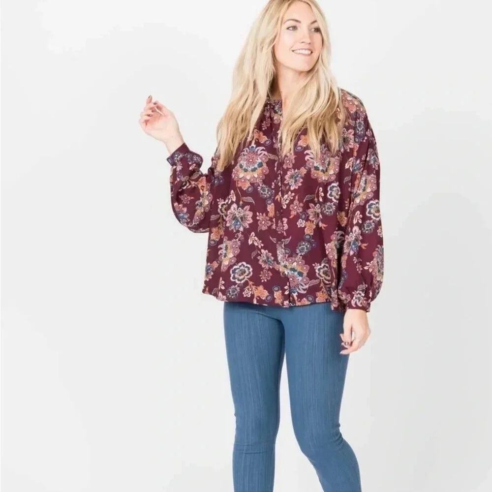 Agnes & Dora Womens Peasant blouse Long‎ Sleeve burgundy gold Paisley Plus Size